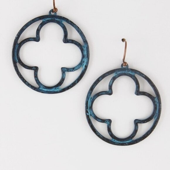 Patina Blue Clover in a Circle Dangle Earrings - Picture 1 of 1